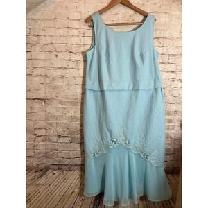 Vintage Plaza South Midi Dress Womens 18 Baby Blue Floral Embroidered Linen Plus